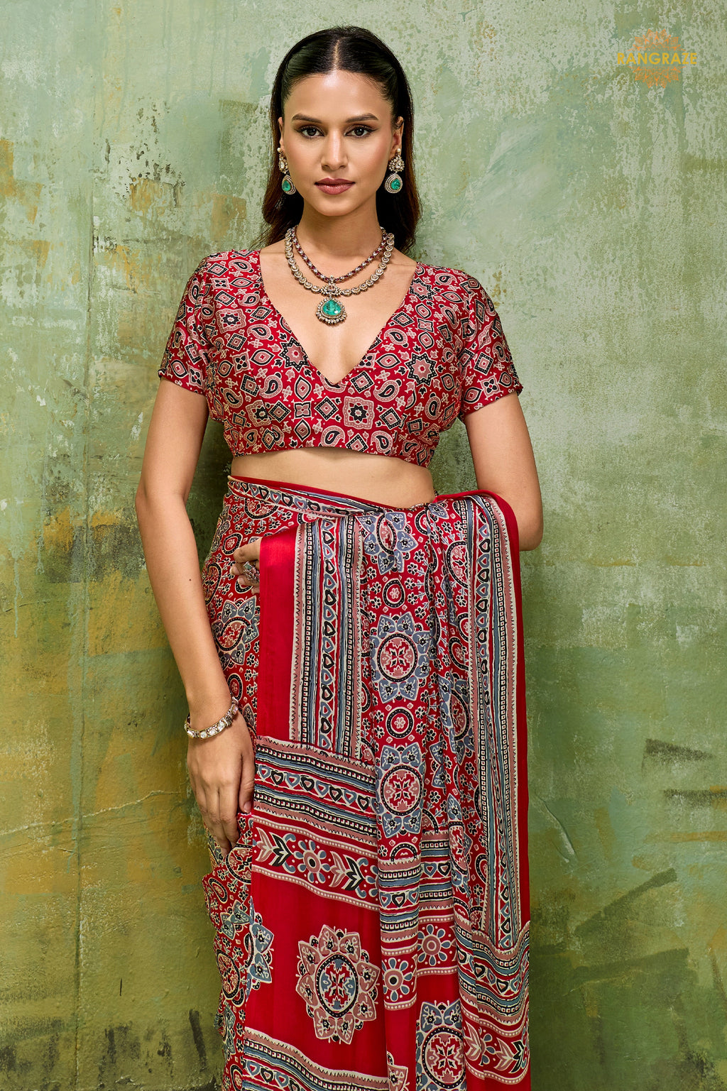 Red Ajrakh Print Modal Satin Saree