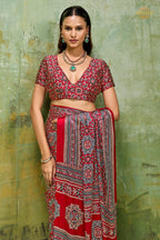 Red Ajrakh Print Modal Satin Saree