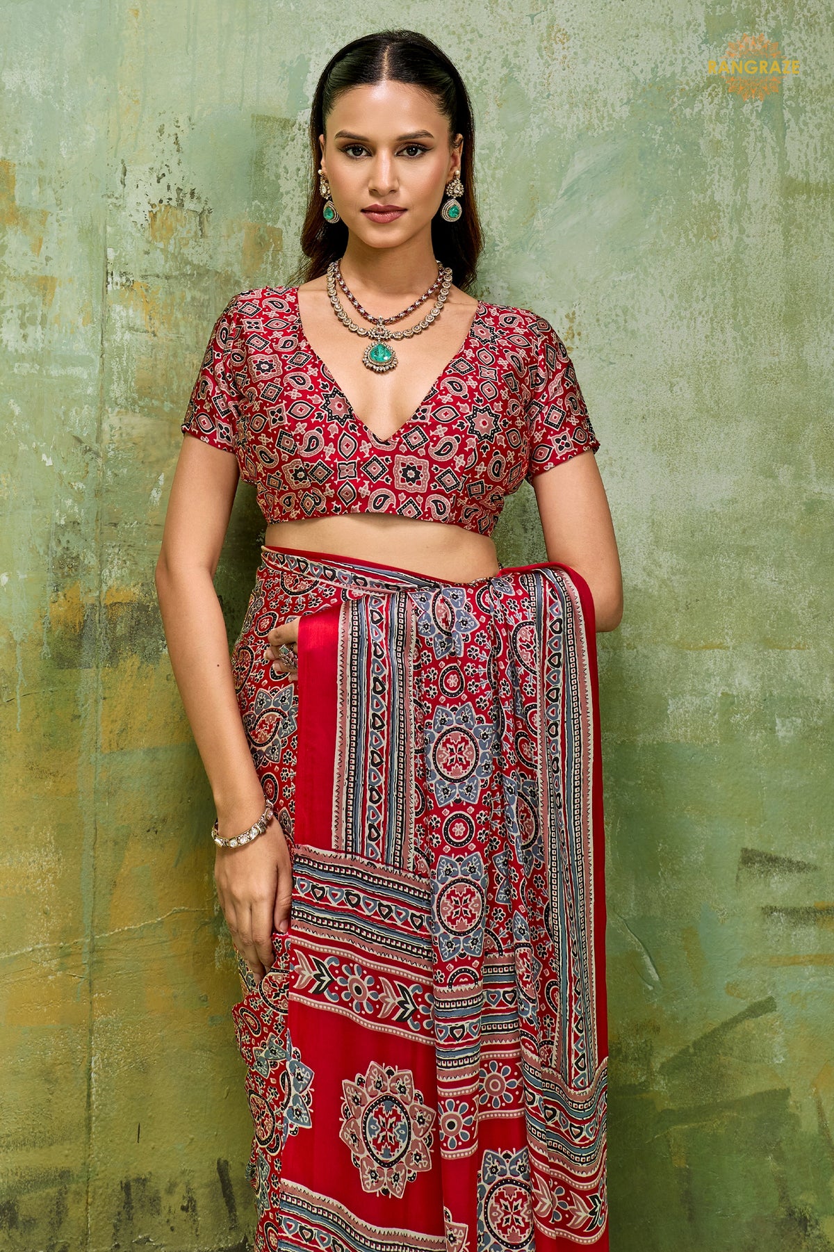 Red Ajrakh Print Modal Satin Saree