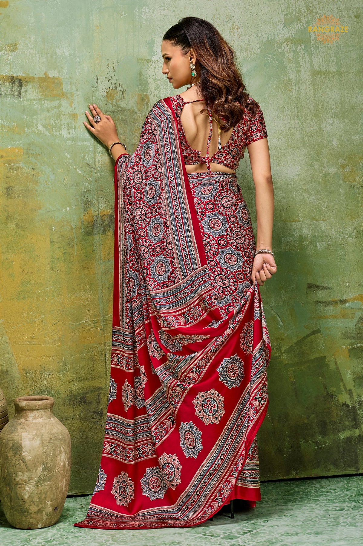 Red Ajrakh Print Modal Satin Saree