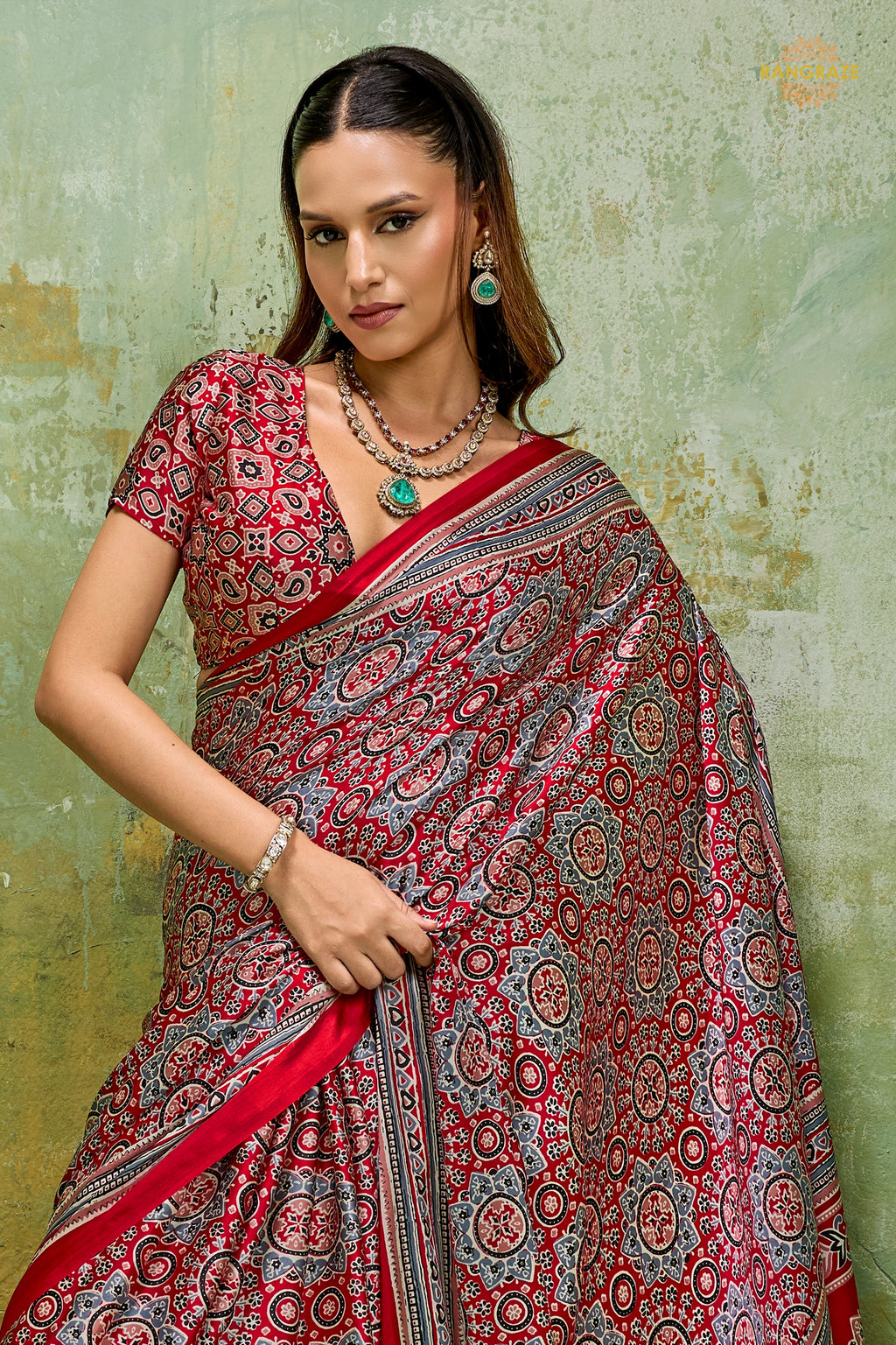 Red Ajrakh Print Modal Satin Saree
