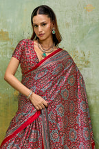 Red Ajrakh Print Modal Satin Saree