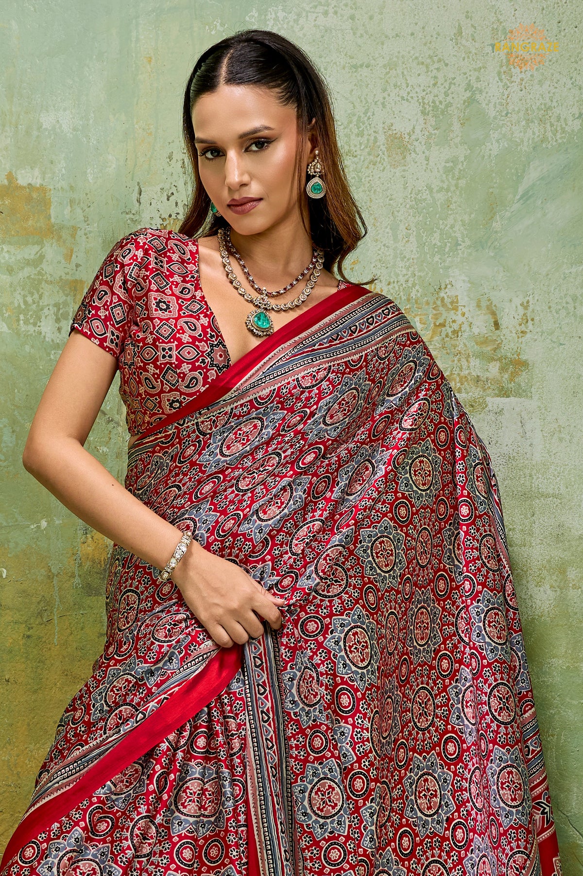 Red Ajrakh Print Modal Satin Saree