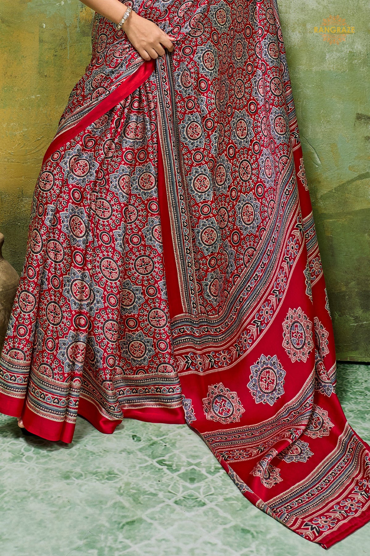 Red Ajrakh Print Modal Satin Saree