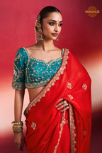 Red Embroidered Silk Saree With Designer Border