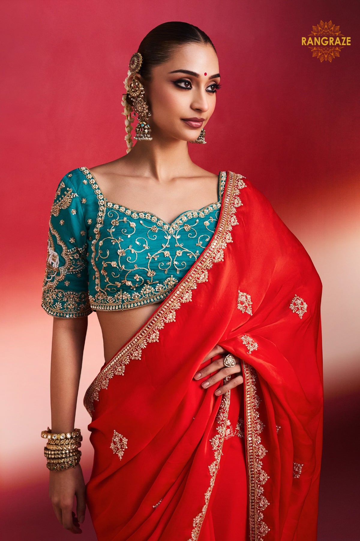 Red Embroidered Silk Saree With Designer Border