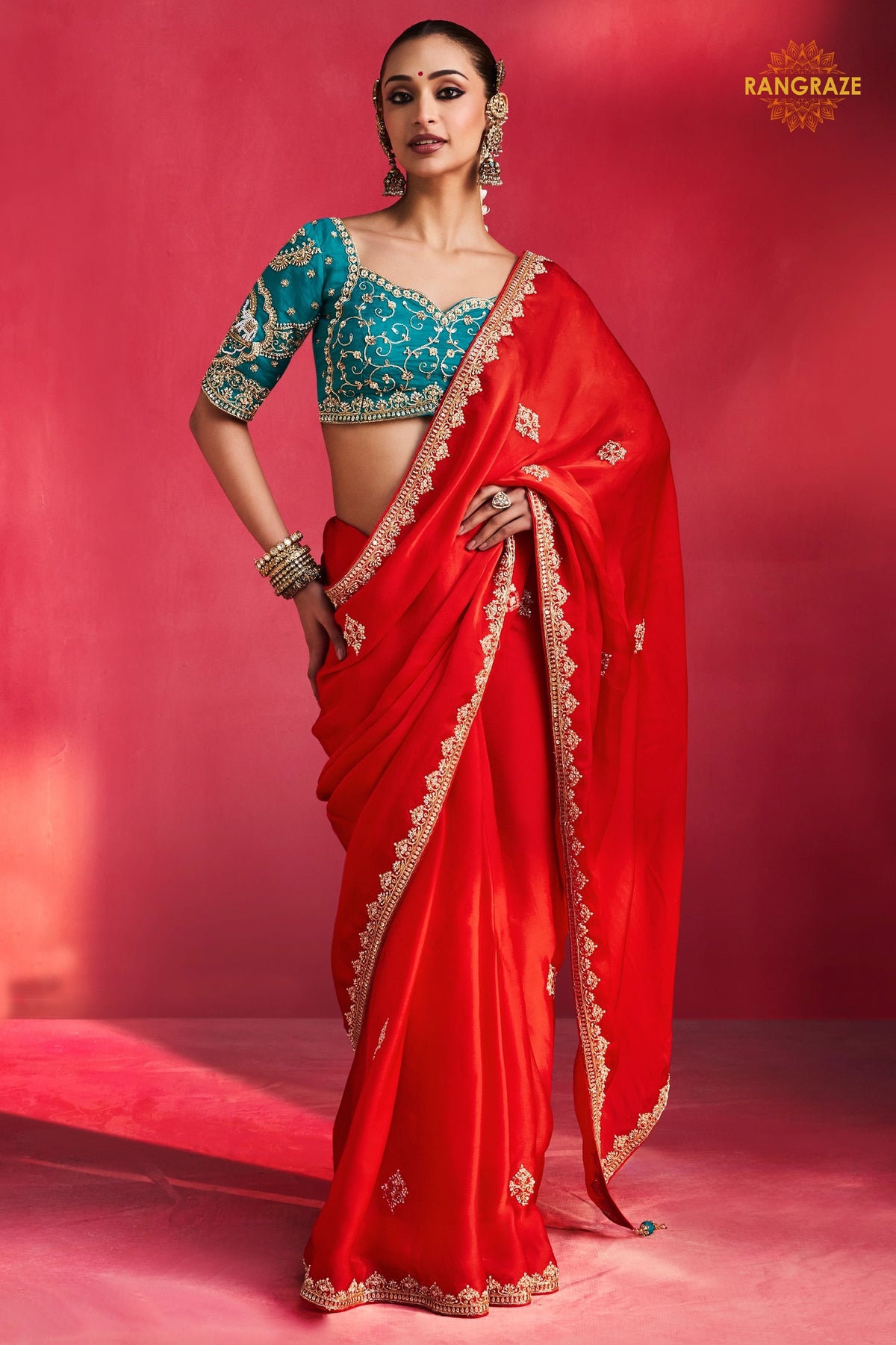 Red Embroidered Silk Saree With Designer Border