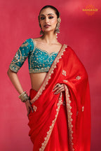 Red Embroidered Silk Saree With Designer Border