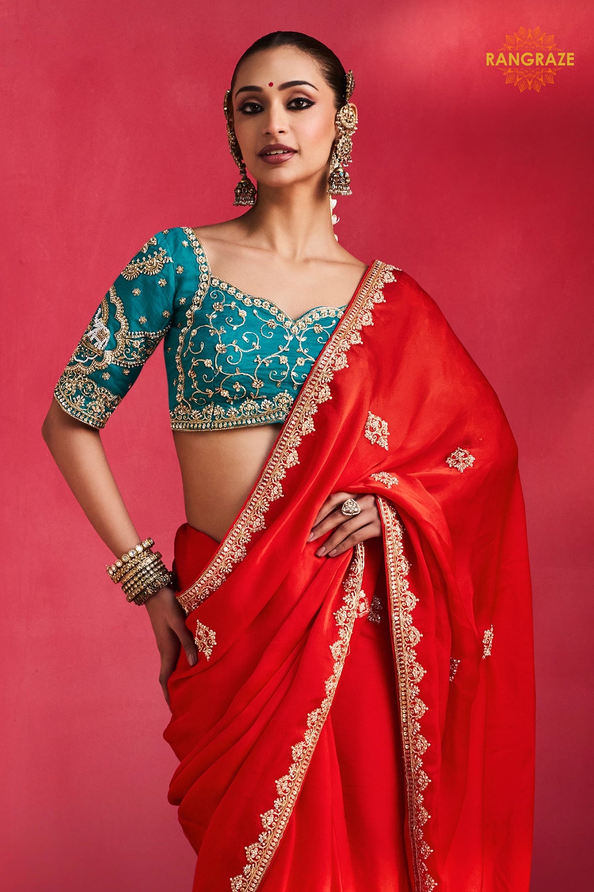 Red Embroidered Silk Saree With Designer Border