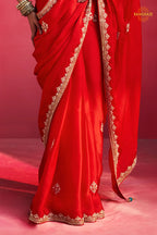 Red Embroidered Silk Saree With Designer Border
