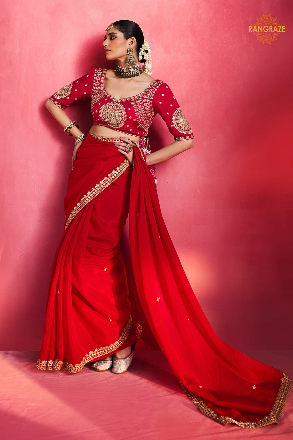 Red Embroidered Silk Saree With Designer Border