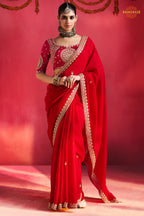 Red Embroidered Silk Saree With Designer Border