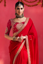 Red Embroidered Silk Saree With Designer Border