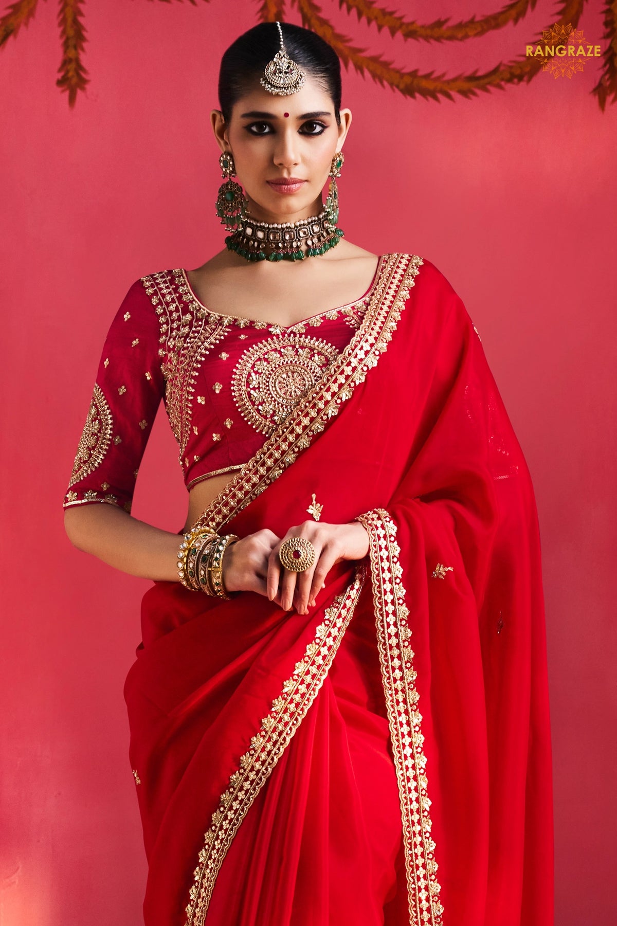 Red Embroidered Silk Saree With Designer Border