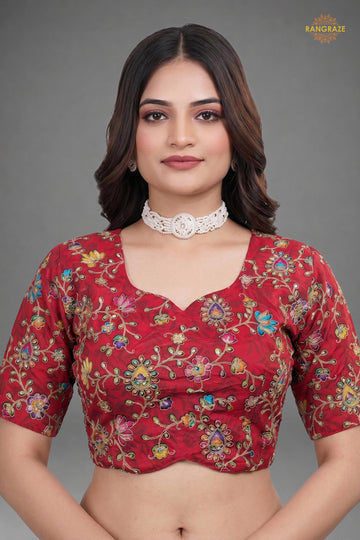 Red Printed Viscose Blouse with Embroidered Work