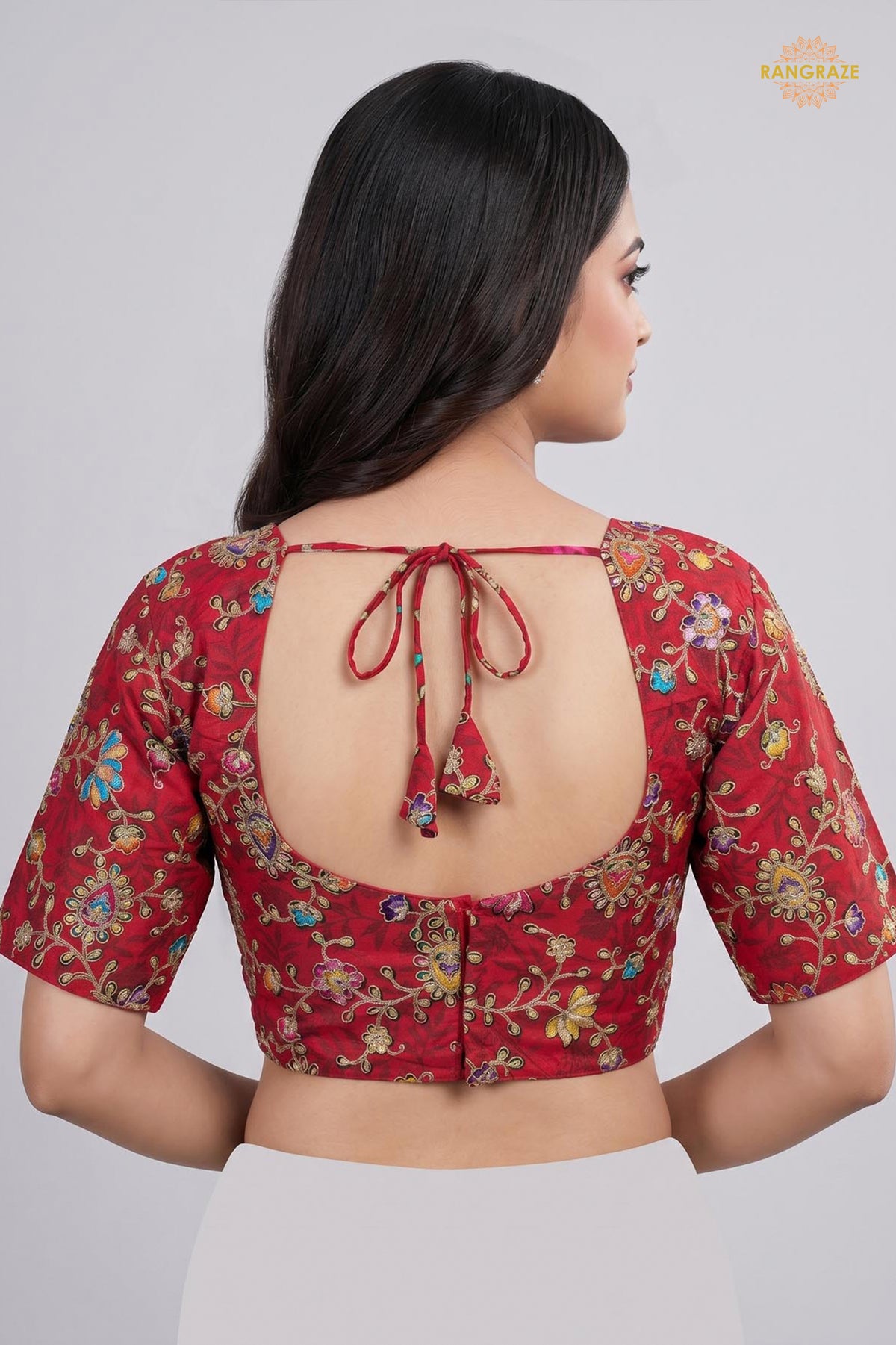 Red Printed Viscose Blouse with Embroidered Work