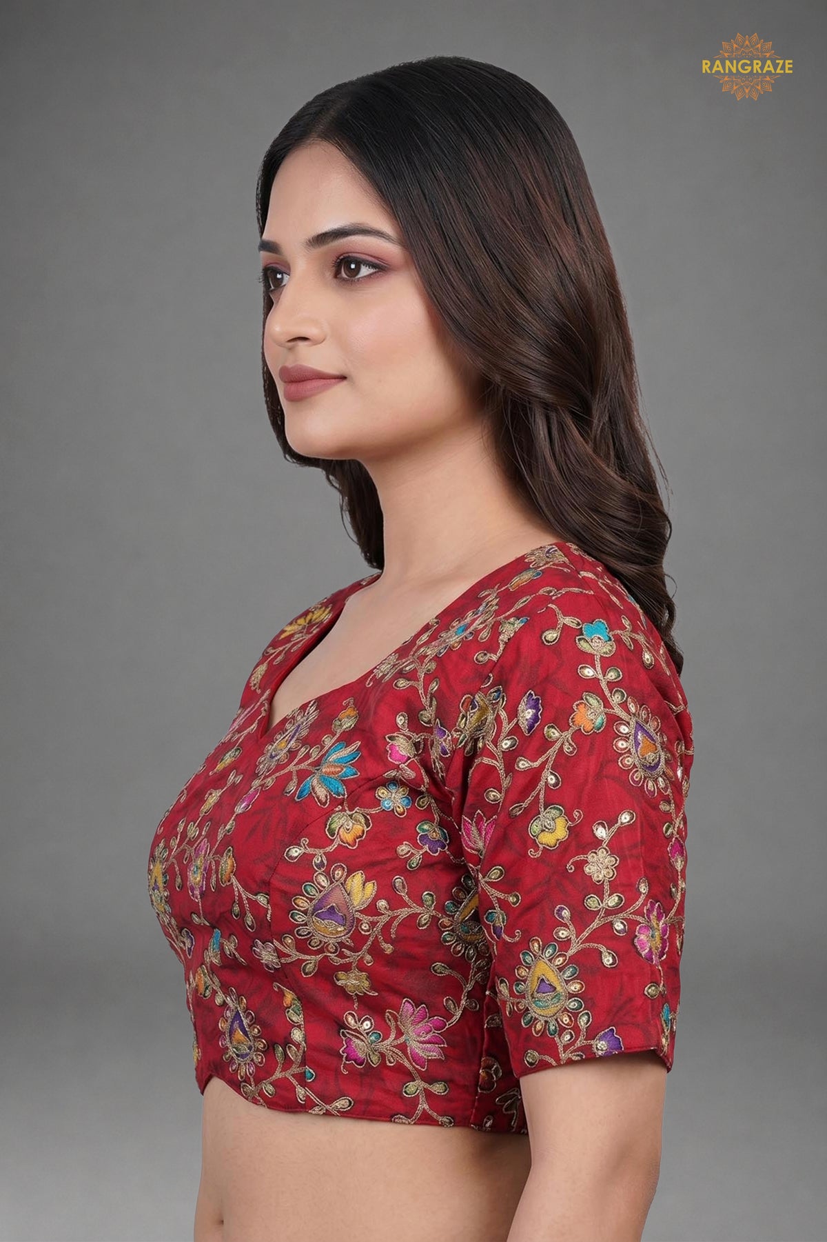 Red Printed Viscose Blouse with Embroidered Work