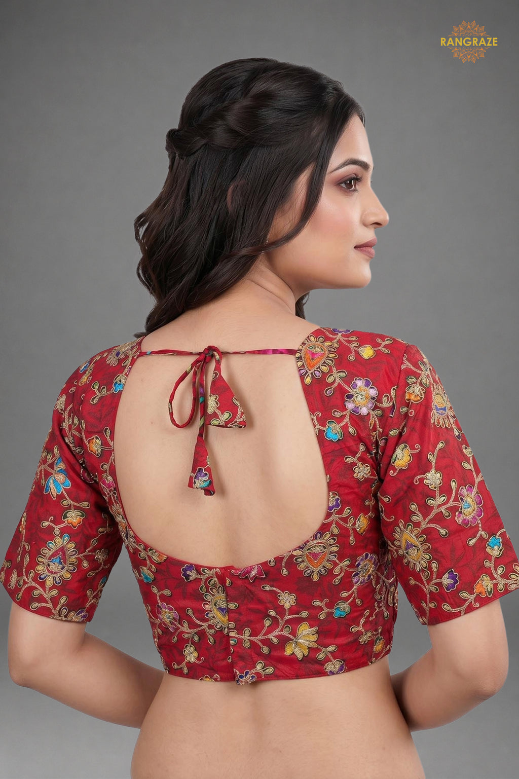 Red Printed Viscose Blouse with Embroidered Work