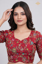 Red Printed Viscose Blouse with Embroidered Work