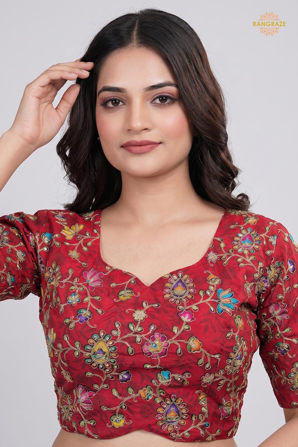 Red Printed Viscose Blouse with Embroidered Work