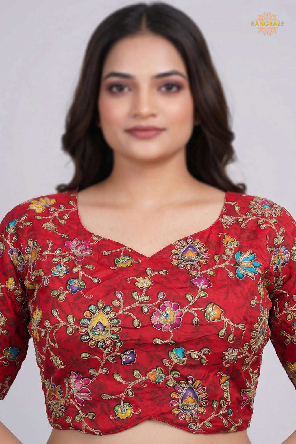 Red Printed Viscose Blouse with Embroidered Work