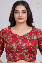 Red Printed Viscose Blouse with Embroidered Work