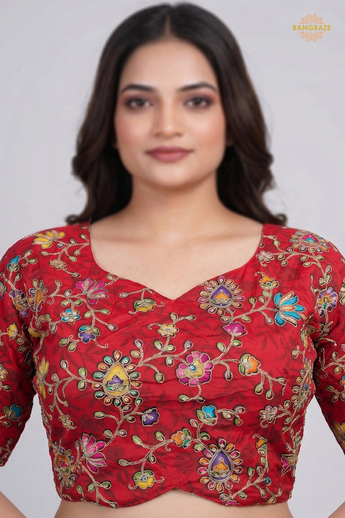 Red Printed Viscose Blouse with Embroidered Work