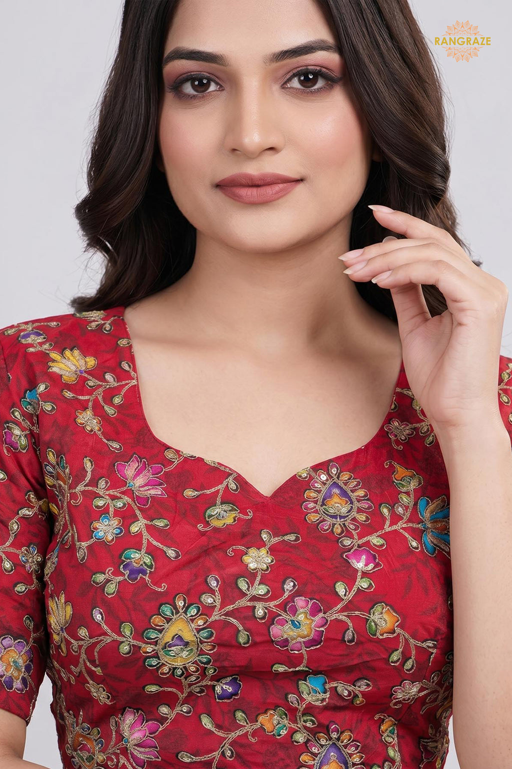 Red Printed Viscose Blouse with Embroidered Work