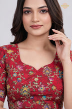 Red Printed Viscose Blouse with Embroidered Work