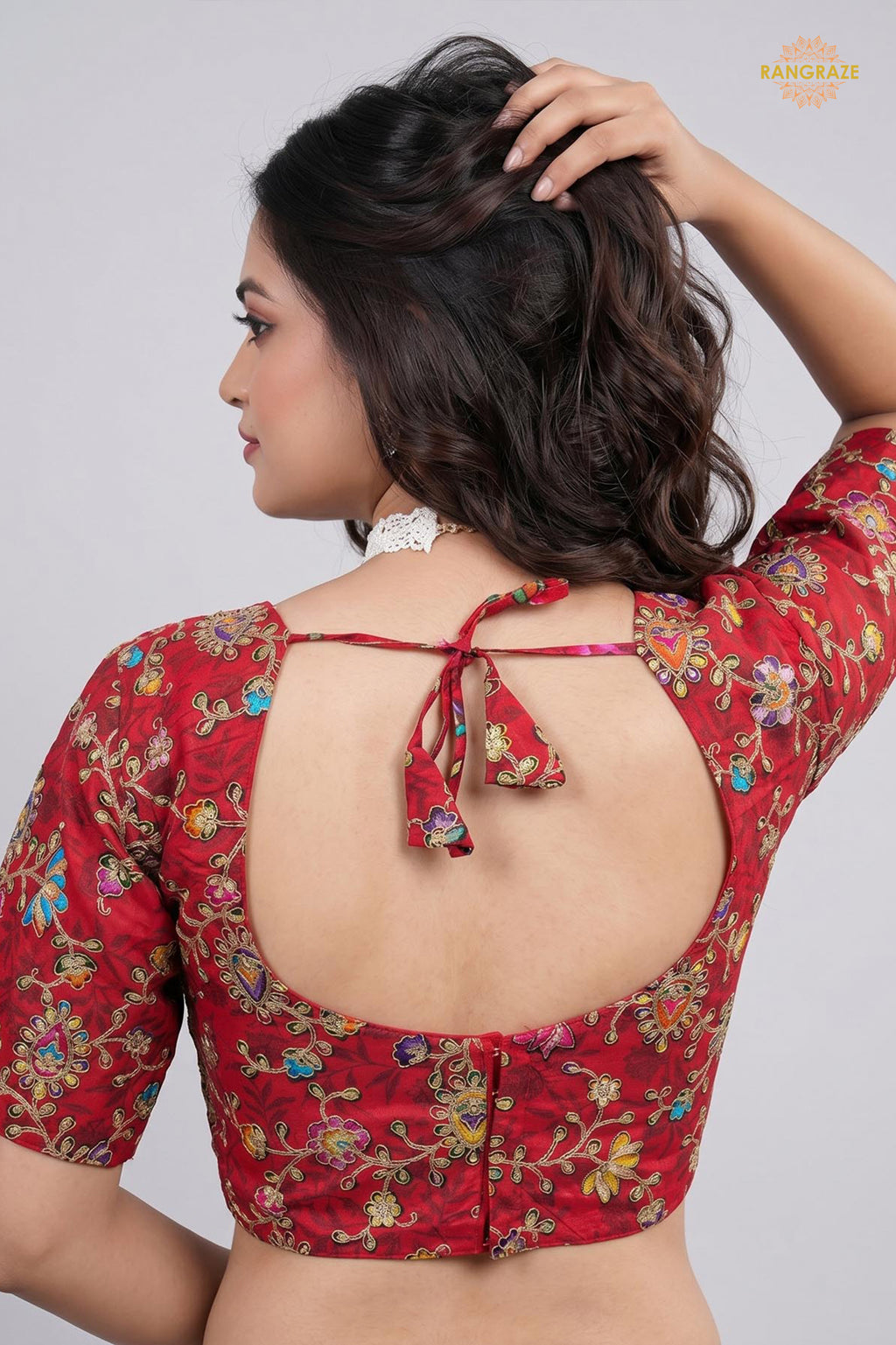 Red Printed Viscose Blouse with Embroidered Work