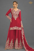 Red Stitched Embroidered Chinon Suit