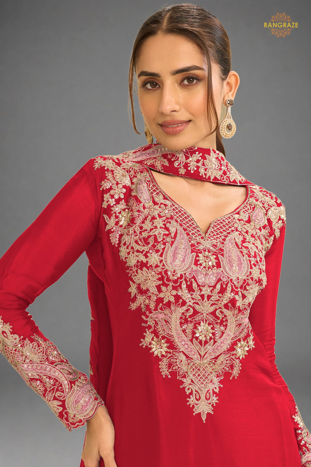 Red Stitched Embroidered Chinon Suit