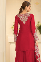 Red Stitched Embroidered Chinon Suit
