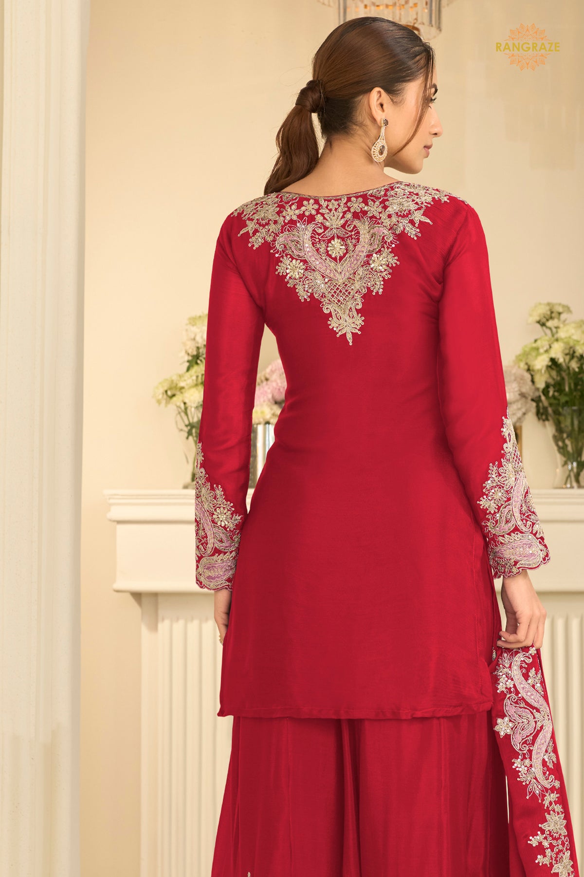 Red Stitched Embroidered Chinon Suit