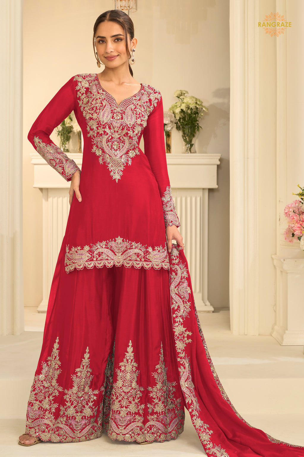 Red Stitched Embroidered Chinon Suit