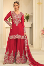 Red Stitched Embroidered Chinon Suit