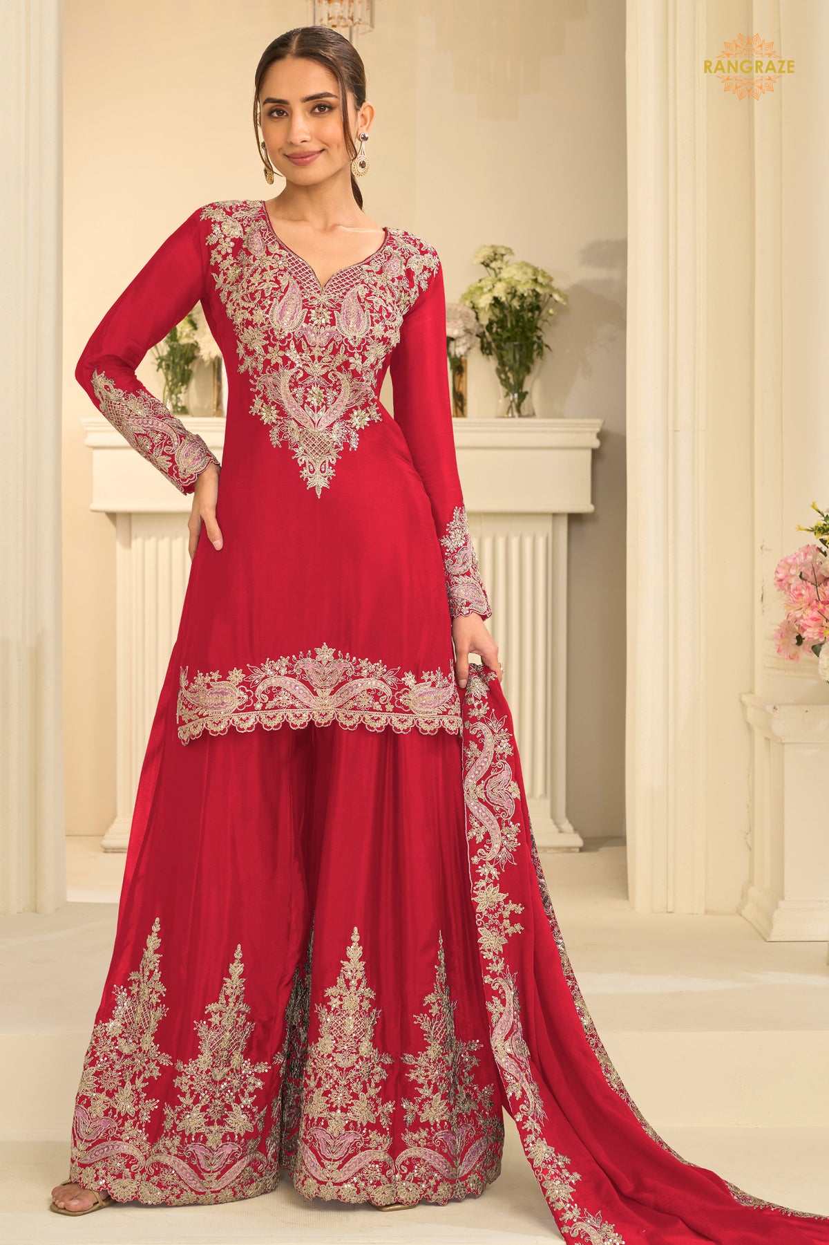 Red Stitched Embroidered Chinon Suit