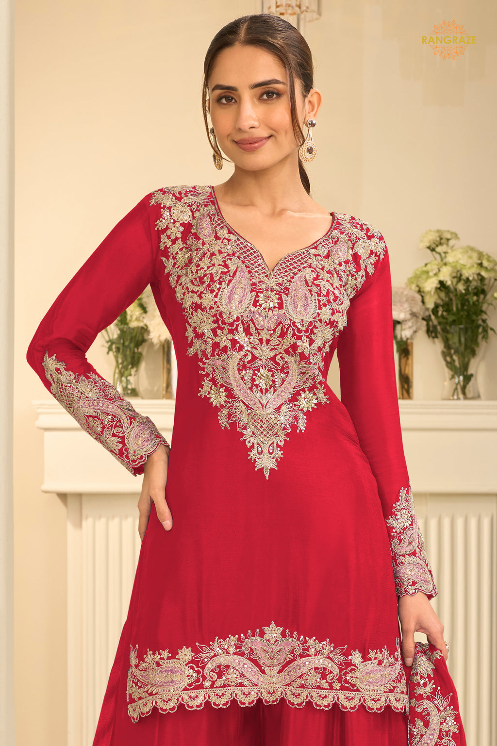 Red Stitched Embroidered Chinon Suit