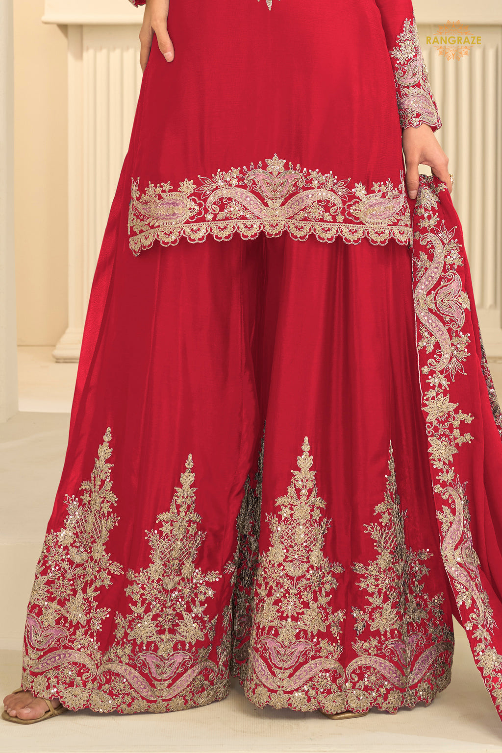 Red Stitched Embroidered Chinon Suit