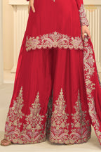 Red Stitched Embroidered Chinon Suit