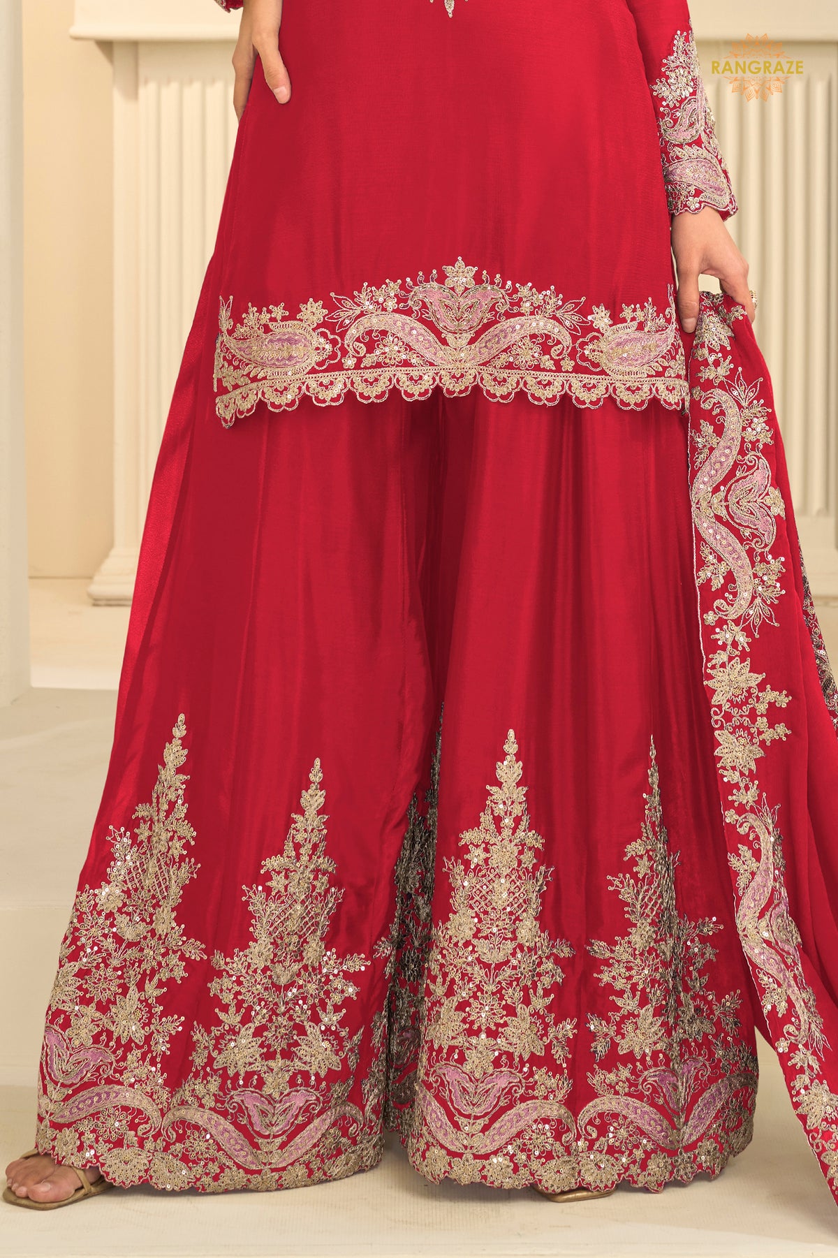 Red Stitched Embroidered Chinon Suit