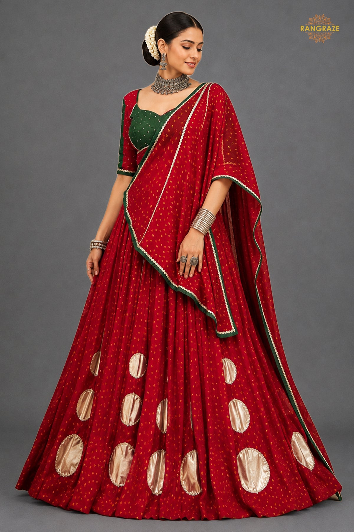 Red Stitched Bandhej Print Satin Chiffon Lehenga