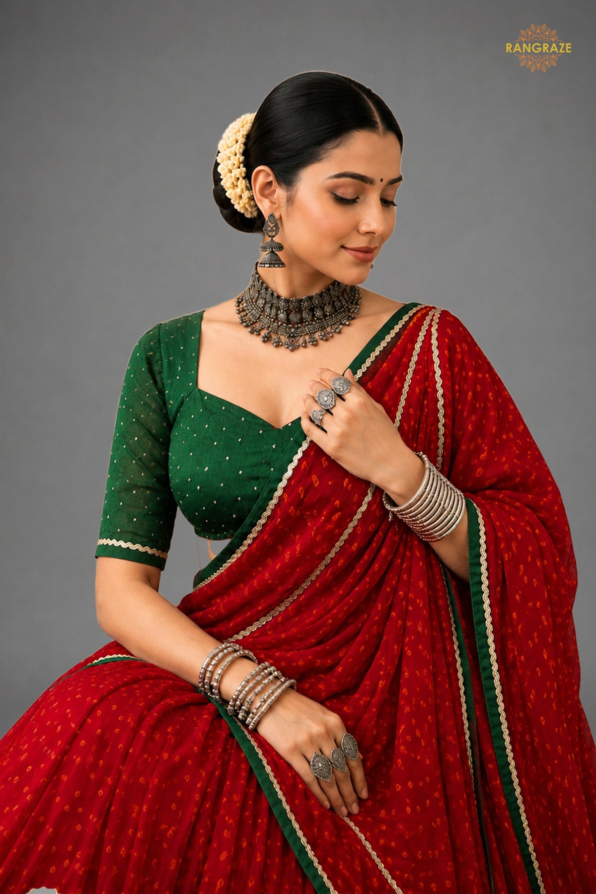 Red Stitched Bandhej Print Satin Chiffon Lehenga