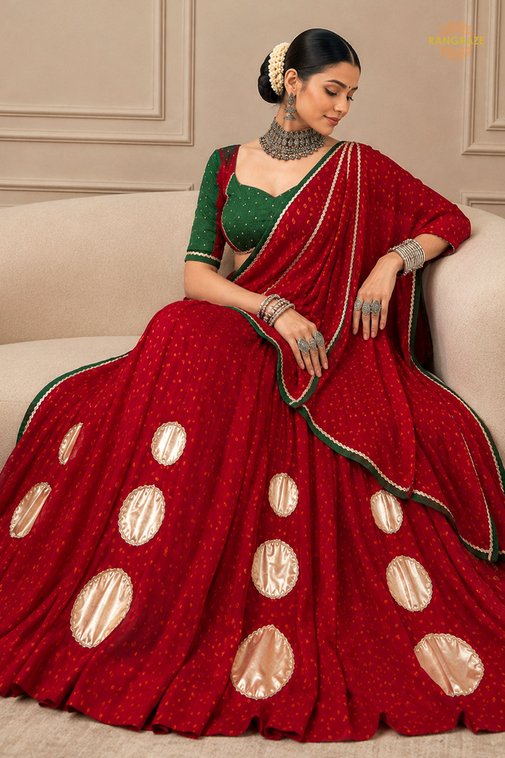 Red Stitched Bandhej Print Satin Chiffon Lehenga