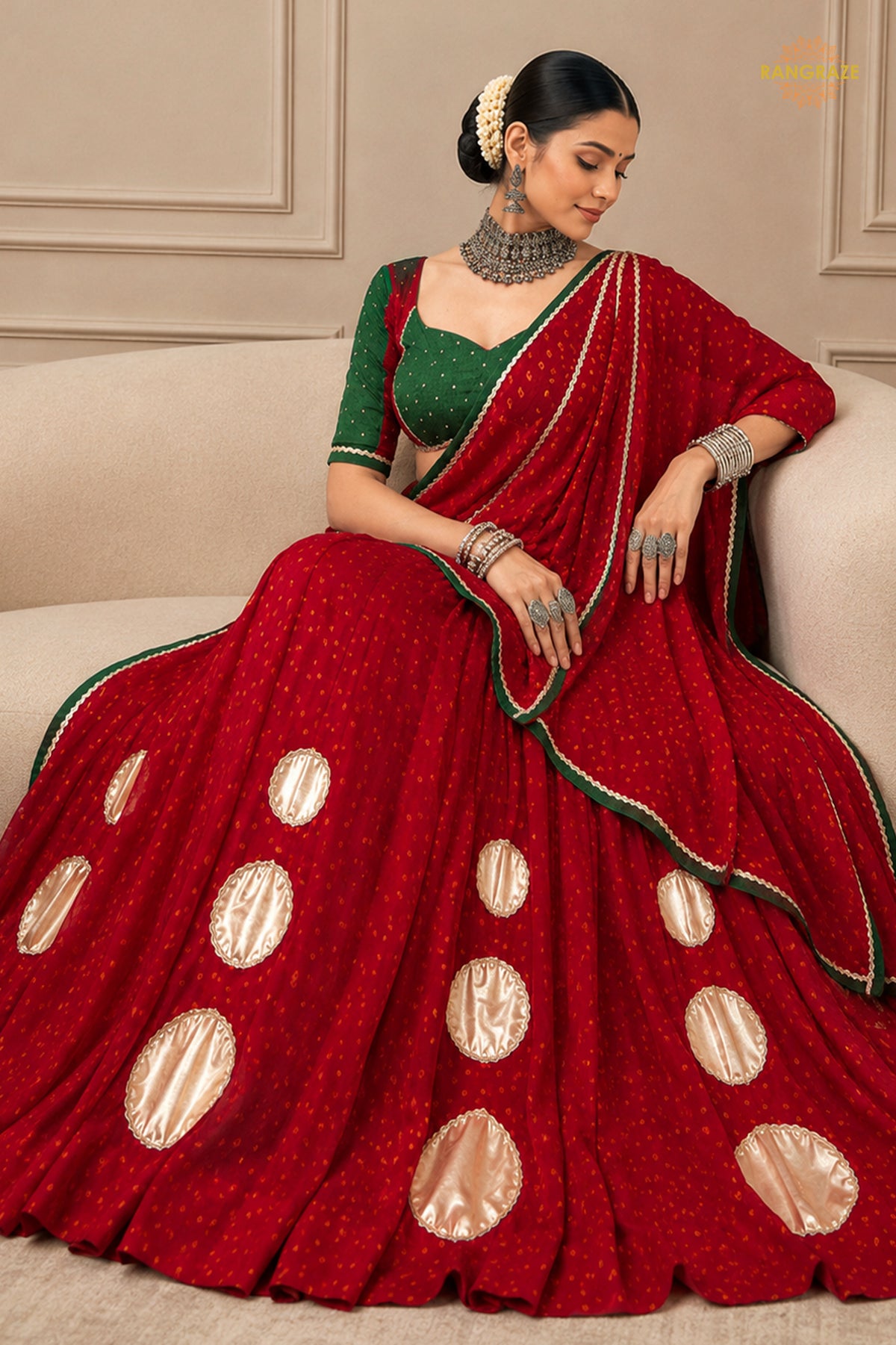 Red Stitched Bandhej Print Satin Chiffon Lehenga