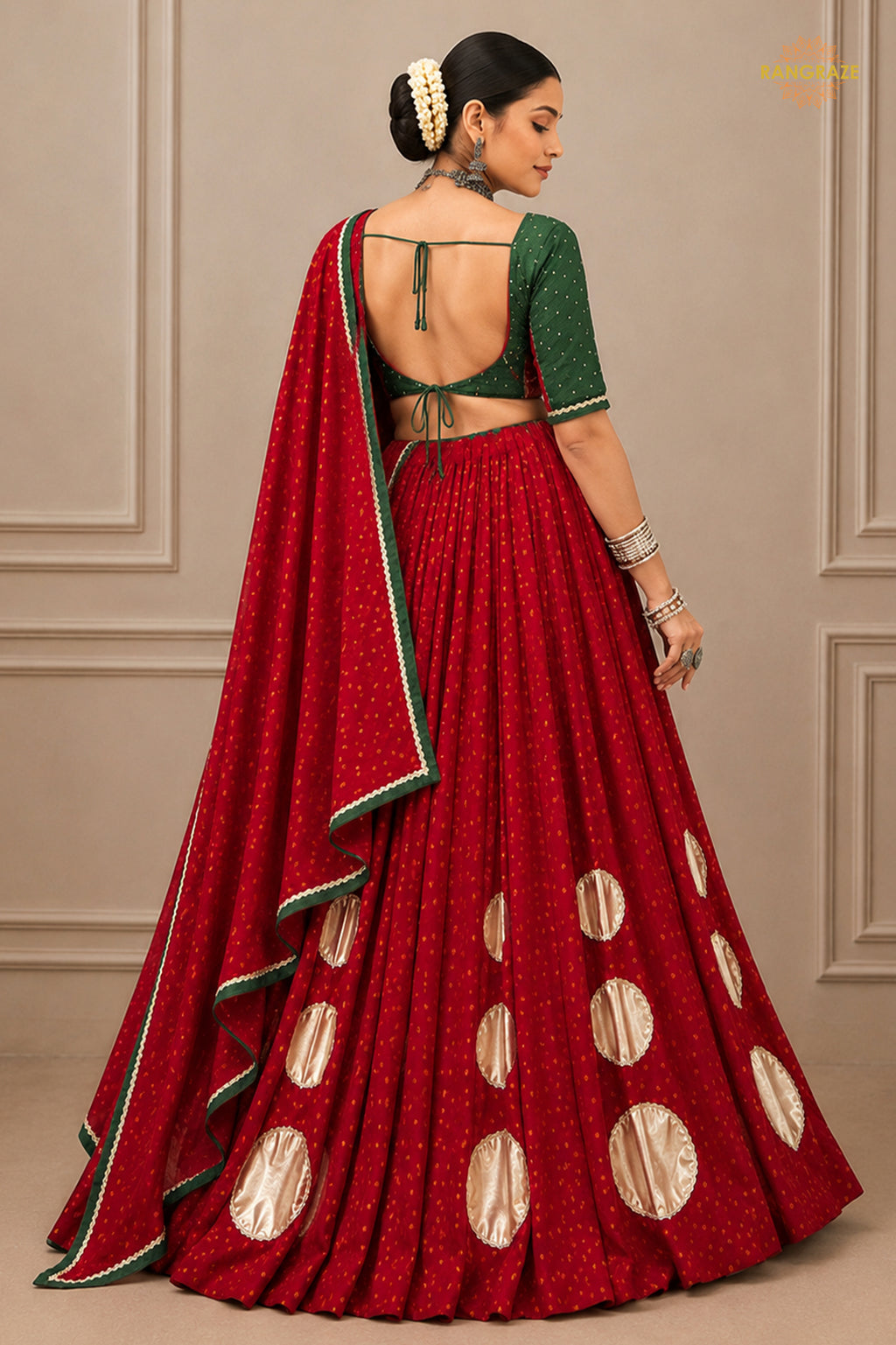 Red Stitched Bandhej Print Satin Chiffon Lehenga
