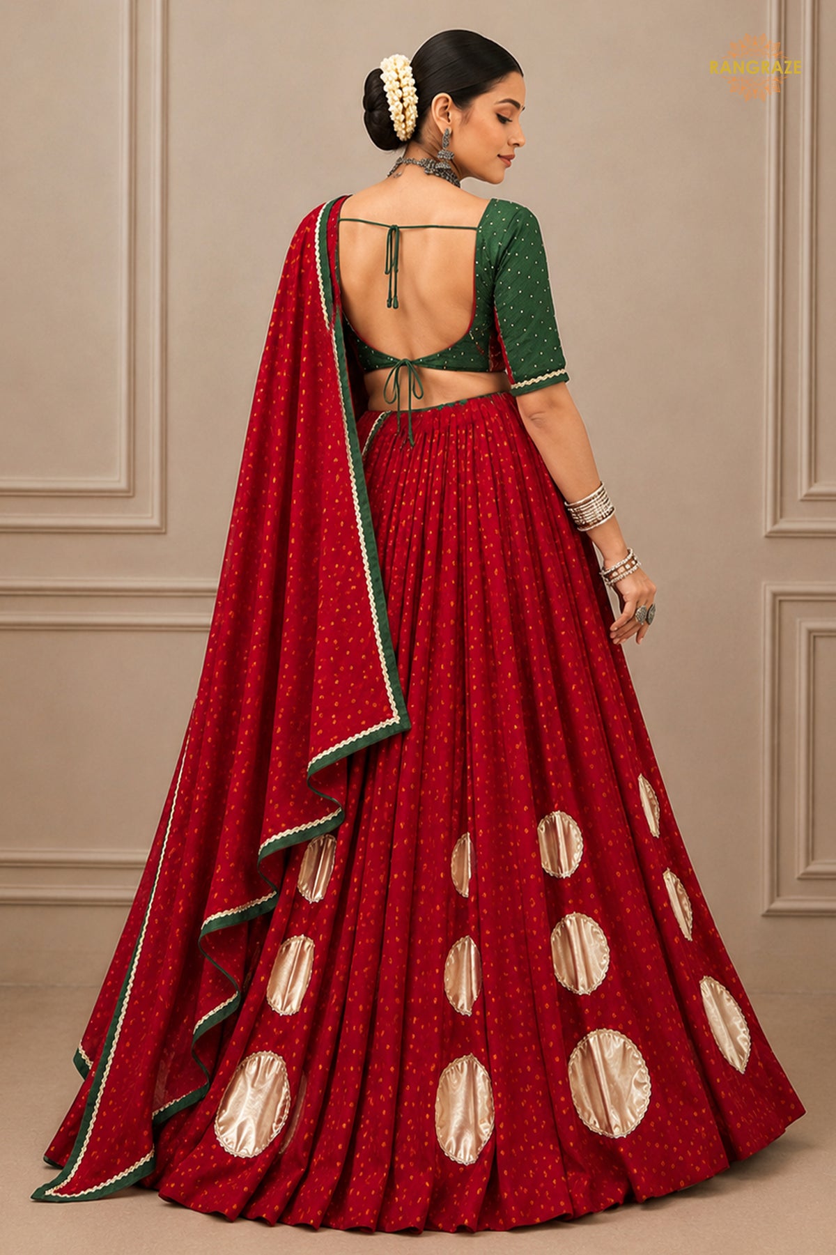 Red Stitched Bandhej Print Satin Chiffon Lehenga