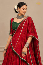 Red Stitched Bandhej Print Satin Chiffon Lehenga