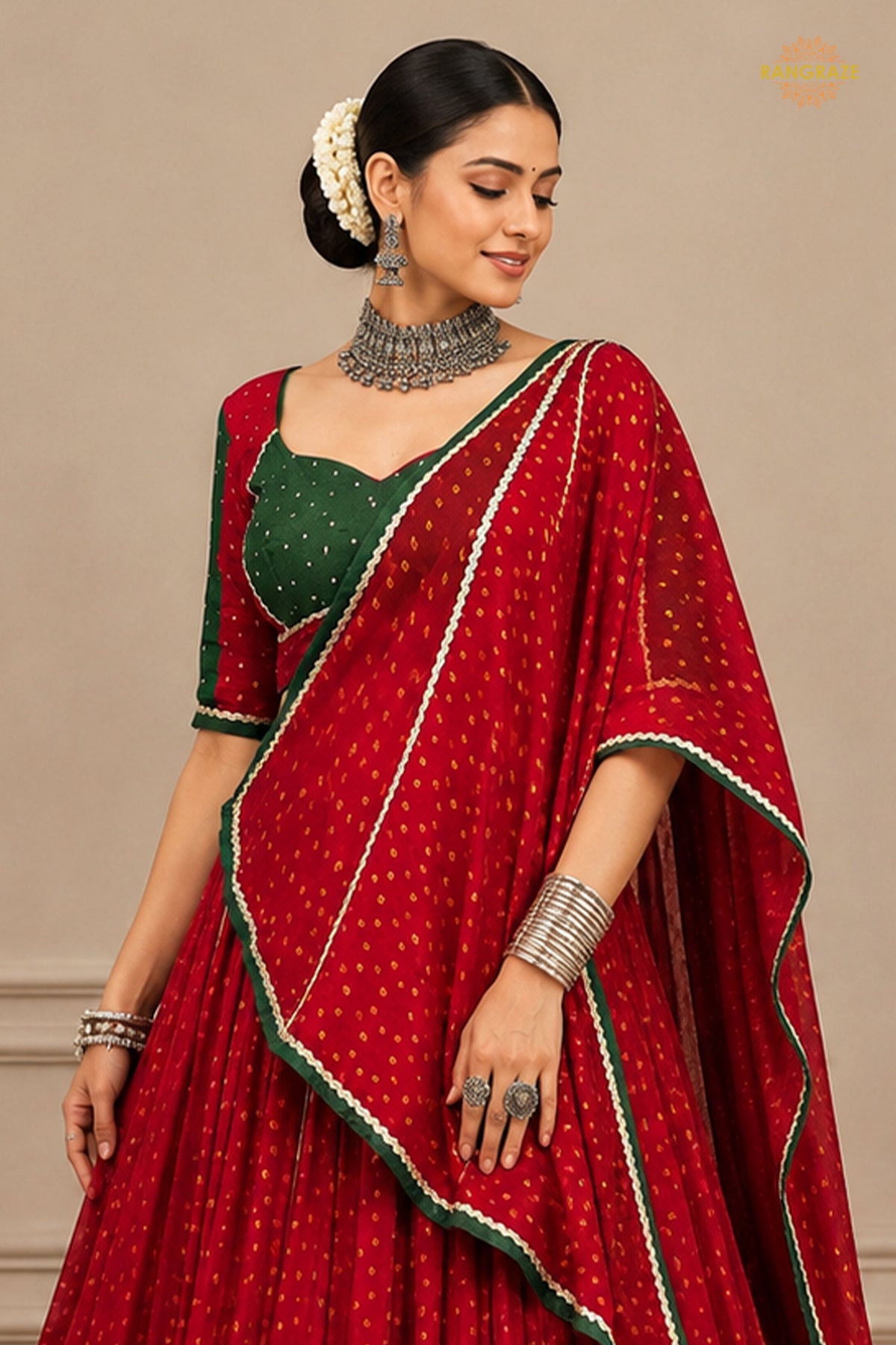 Red Stitched Bandhej Print Satin Chiffon Lehenga