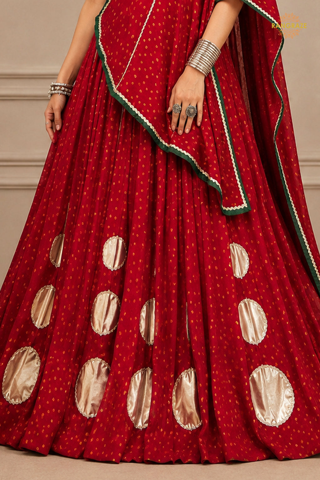 Red Stitched Bandhej Print Satin Chiffon Lehenga